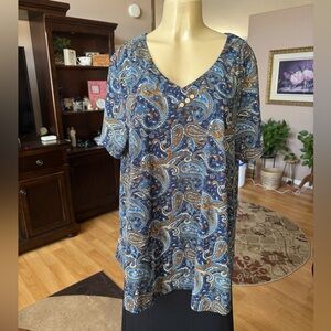 Folunsi blue, green & orange short sleeve Vneck blouse-size 1X